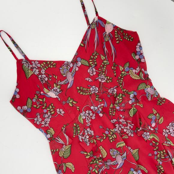Nanette Lepore Sleeveless Maxi Dress Sz 6 Red Chiffon Floral Hummingbird Print - Picture 5 of 15